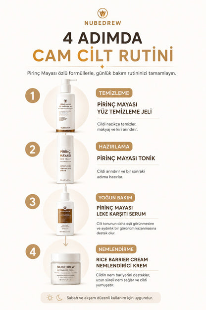Pirinç Mayası 4'lü Premium Cam Cilt Bakım Seti Temizleme Jeli, Tonik, Serum ve Nemlendirici Krem