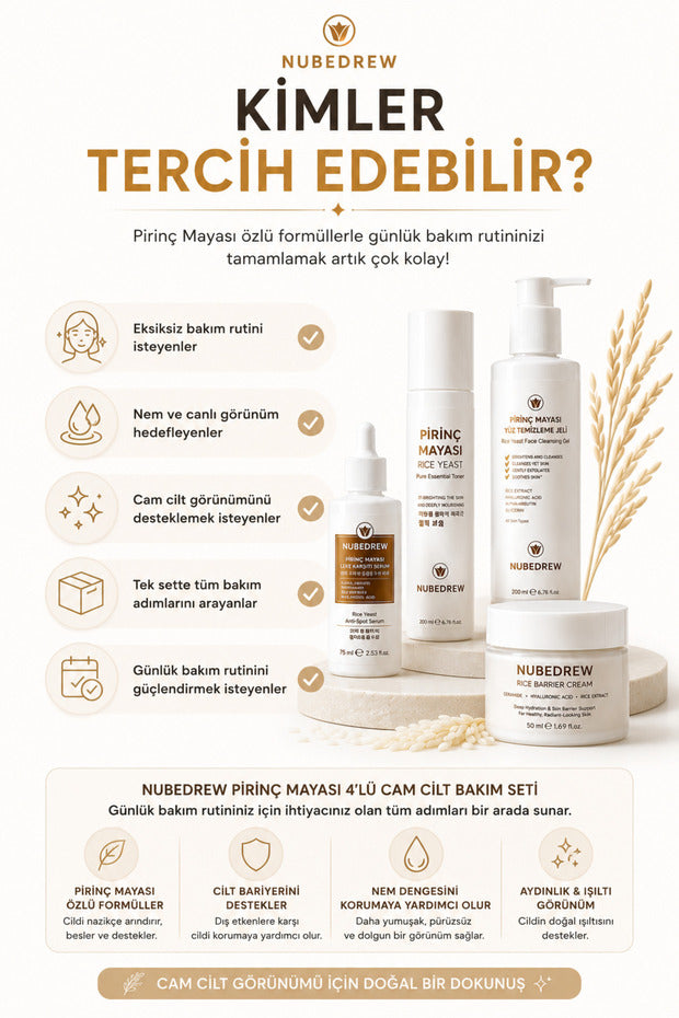 Pirinç Mayası 4'lü Premium Cam Cilt Bakım Seti Temizleme Jeli, Tonik, Serum ve Nemlendirici Krem