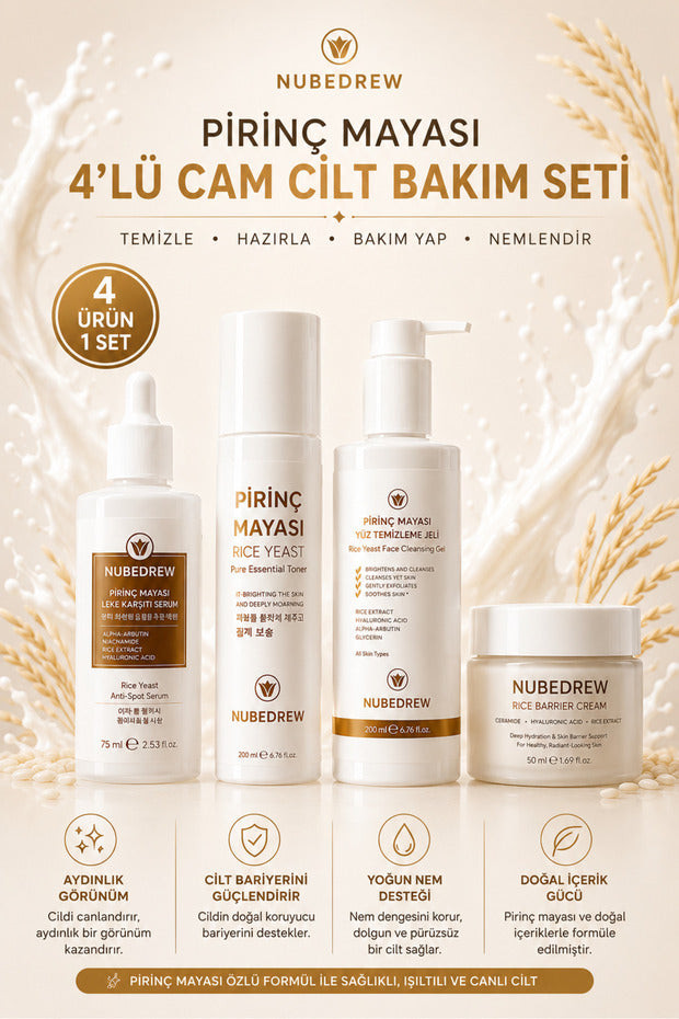 Pirinç Mayası 4'lü Premium Cam Cilt Bakım Seti Temizleme Jeli, Tonik, Serum ve Nemlendirici Krem