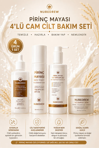 Pirinç Mayası 4'lü Premium Cam Cilt Bakım Seti Temizleme Jeli, Tonik, Serum ve Nemlendirici Krem