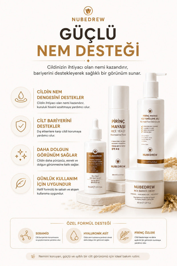 Pirinç Mayası 4'lü Premium Cam Cilt Bakım Seti Temizleme Jeli, Tonik, Serum ve Nemlendirici Krem
