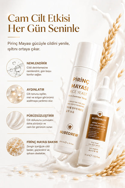 Pirinç Mayası Tonik + Serum 2'li Set Leke Karşıtı, Cilt Aydınlatıcı, Nemlendirici Bakım Rutini