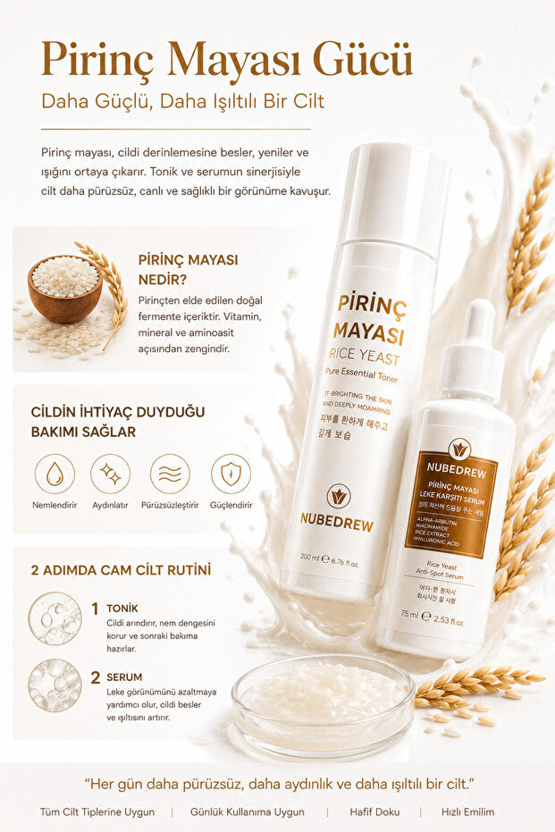 Pirinç Mayası Tonik + Serum 2'li Set Leke Karşıtı, Cilt Aydınlatıcı, Nemlendirici Bakım Rutini