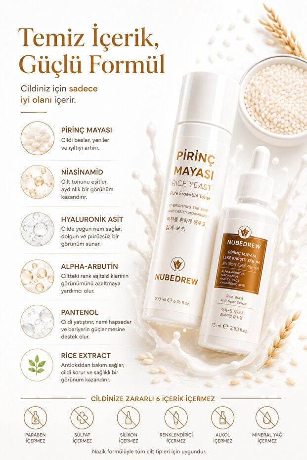 Pirinç Mayası Tonik + Serum 2'li Set Leke Karşıtı, Cilt Aydınlatıcı, Nemlendirici Bakım Rutini