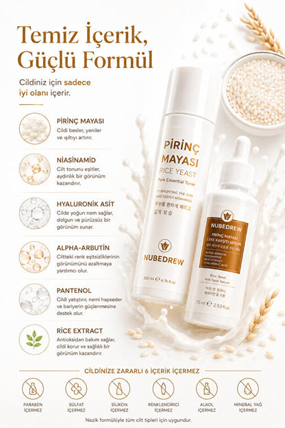Pirinç Mayası Tonik + Serum 2'li Set Leke Karşıtı, Cilt Aydınlatıcı, Nemlendirici Bakım Rutini