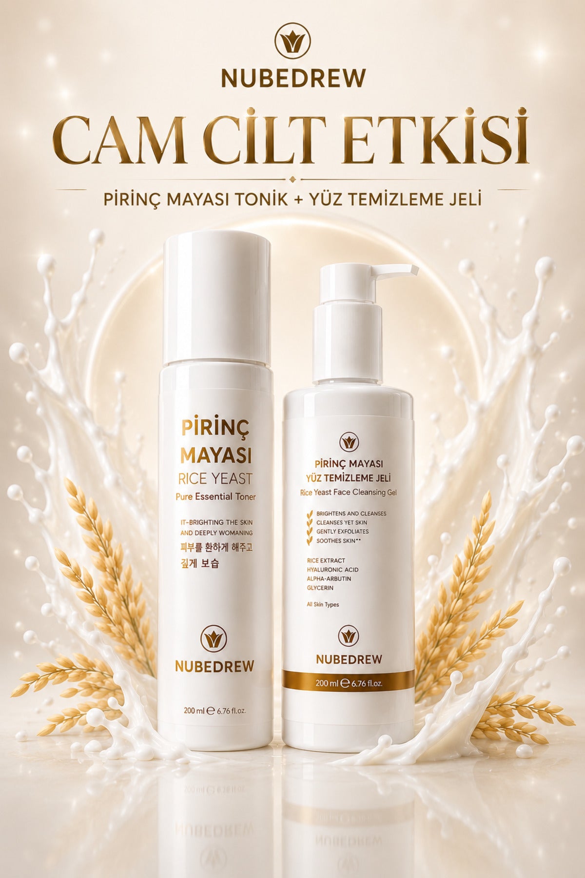 Pirinç Mayası Tonik + Yüz Temizleme Jeli 2'li Set 200 ml Leke Karşıtı Cilt Aydınlatıcı Nemlendirici