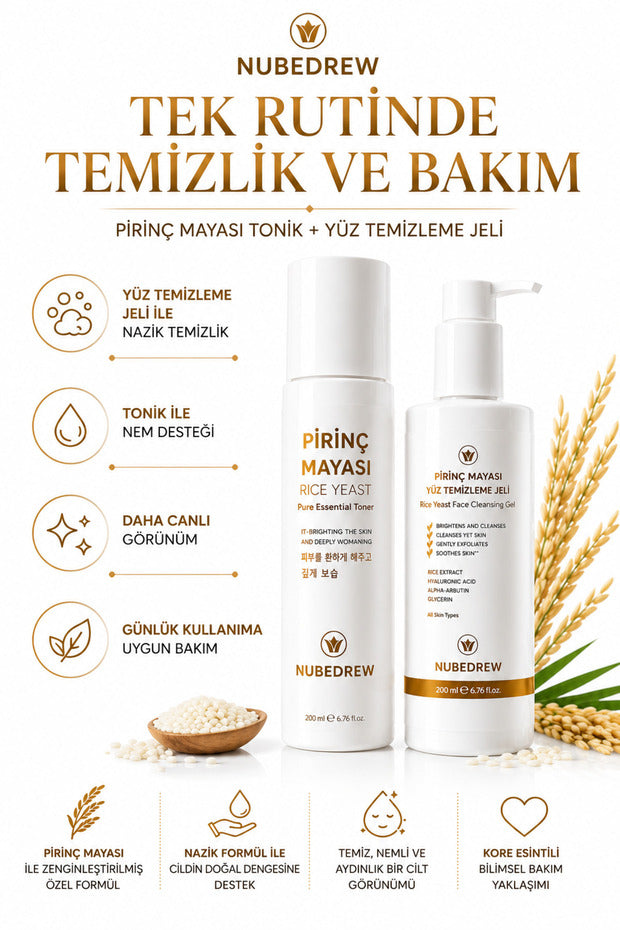 Pirinç Mayası Tonik + Yüz Temizleme Jeli 2'li Set 200 ml Leke Karşıtı Cilt Aydınlatıcı Nemlendirici