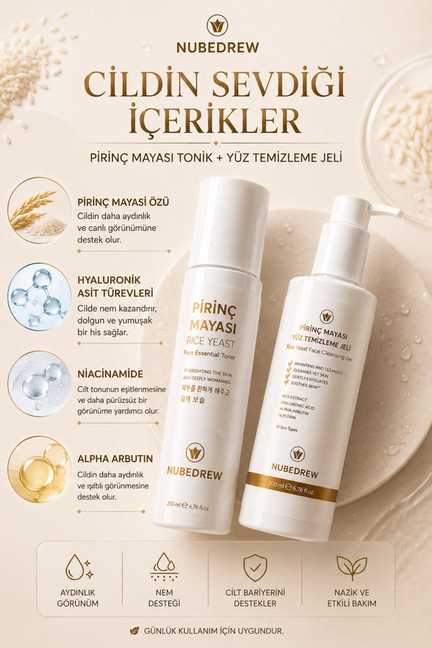 Pirinç Mayası Tonik + Yüz Temizleme Jeli 2'li Set 200 ml Leke Karşıtı Cilt Aydınlatıcı Nemlendirici