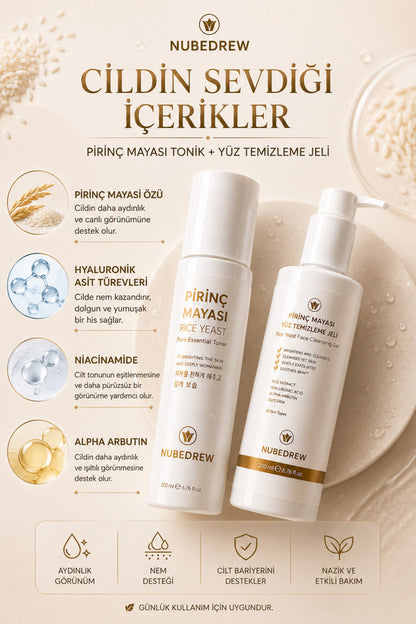 Pirinç Mayası Tonik + Yüz Temizleme Jeli 2'li Set 200 ml Leke Karşıtı Cilt Aydınlatıcı Nemlendirici