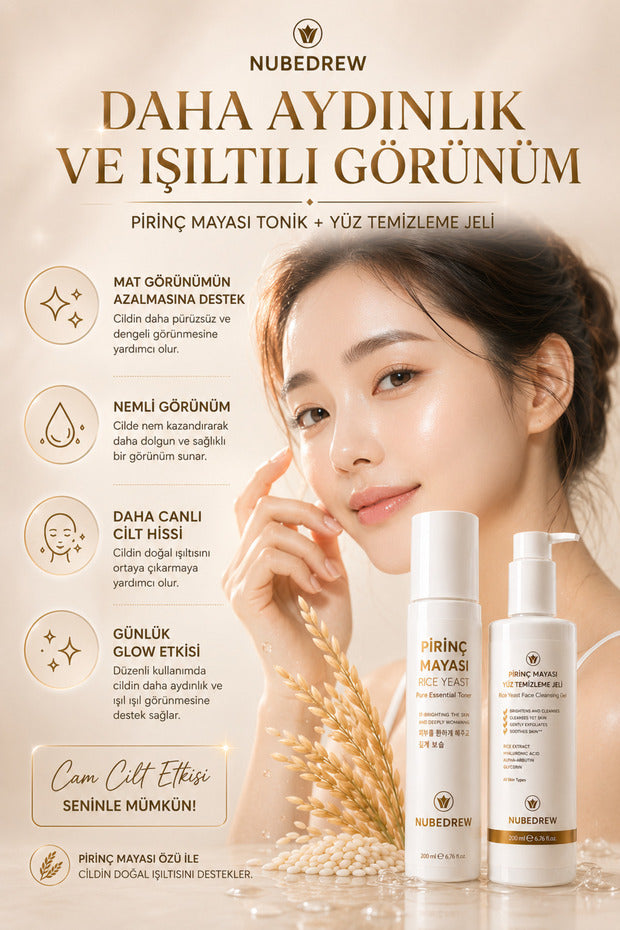 Pirinç Mayası Tonik + Yüz Temizleme Jeli 2'li Set 200 ml Leke Karşıtı Cilt Aydınlatıcı Nemlendirici