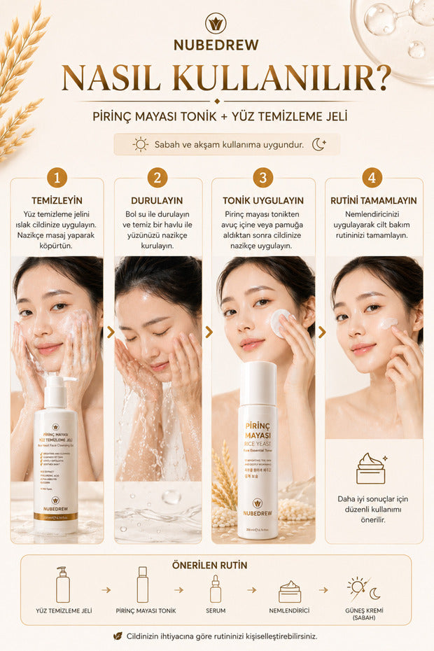 Pirinç Mayası Tonik + Yüz Temizleme Jeli 2'li Set 200 ml Leke Karşıtı Cilt Aydınlatıcı Nemlendirici