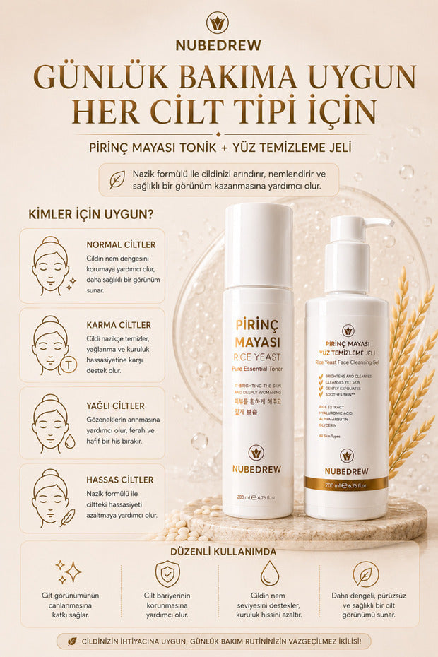 Pirinç Mayası Tonik + Yüz Temizleme Jeli 2'li Set 200 ml Leke Karşıtı Cilt Aydınlatıcı Nemlendirici