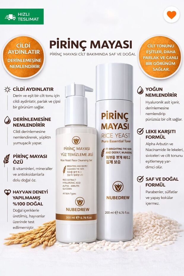 Pirinç Mayası Tonik + Yüz Temizleme Jeli 2'li Set 200 ml Leke Karşıtı Cilt Aydınlatıcı Nemlendirici