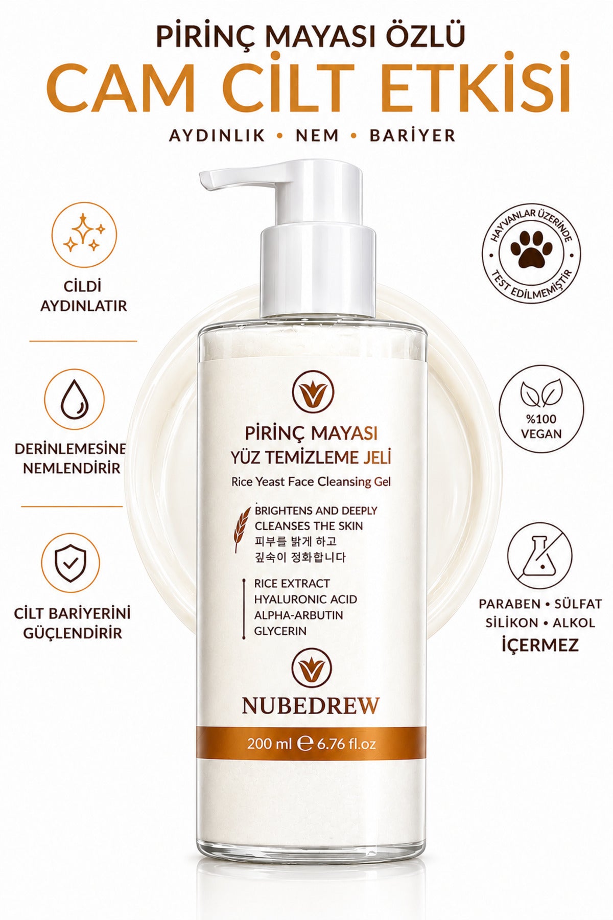 Pirinç Mayası Yüz Temizleme Jeli 200 ml Aydınlatıcı, Gözenek Sıkılaştırıcı, Nemlendirici
