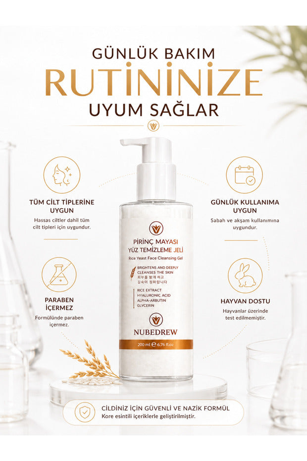 Pirinç Mayası Yüz Temizleme Jeli 200 ml Aydınlatıcı, Gözenek Sıkılaştırıcı, Nemlendirici