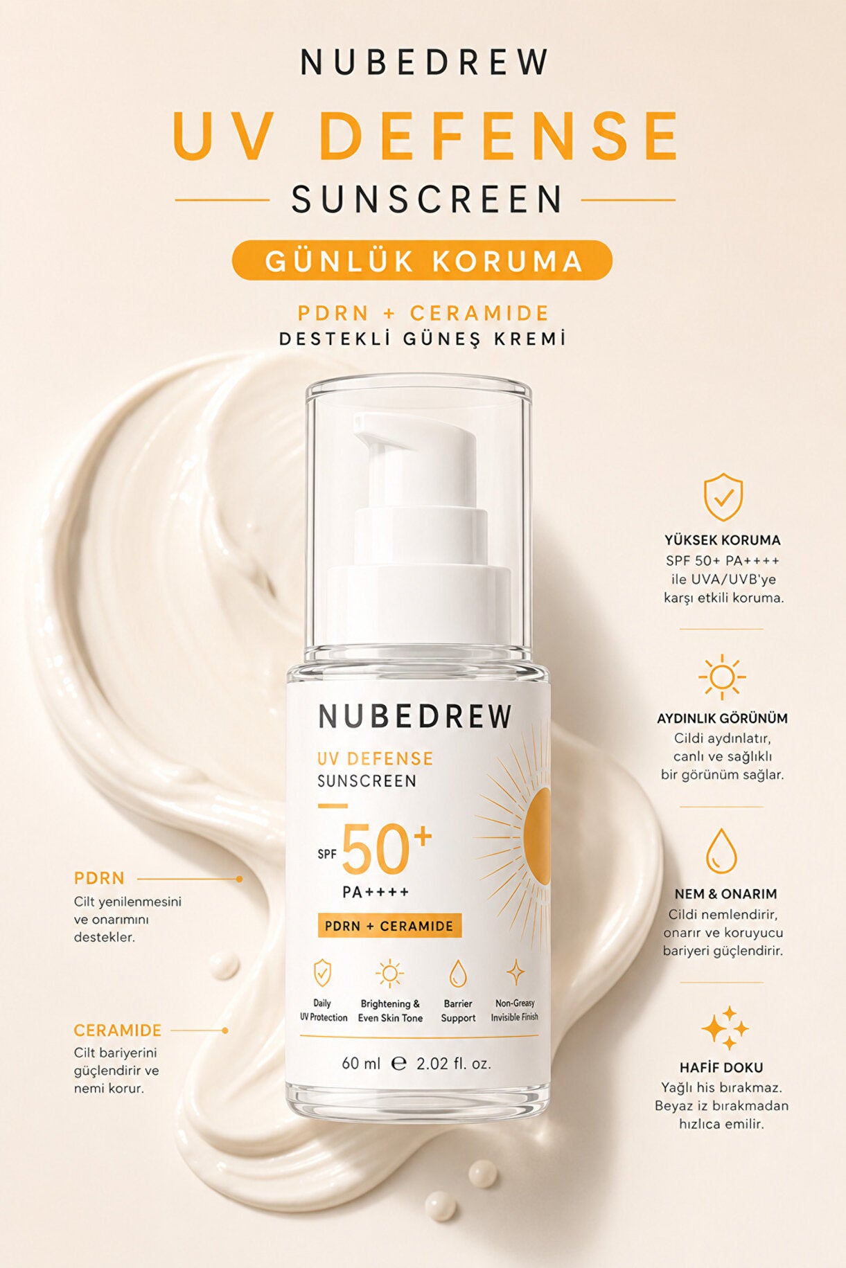 SPF50+ PA++++ Güneş Kremi 60 ML Yüz ve Vücut Kullanımına Uygun, Beyaz İz Bırakmayan Koruma